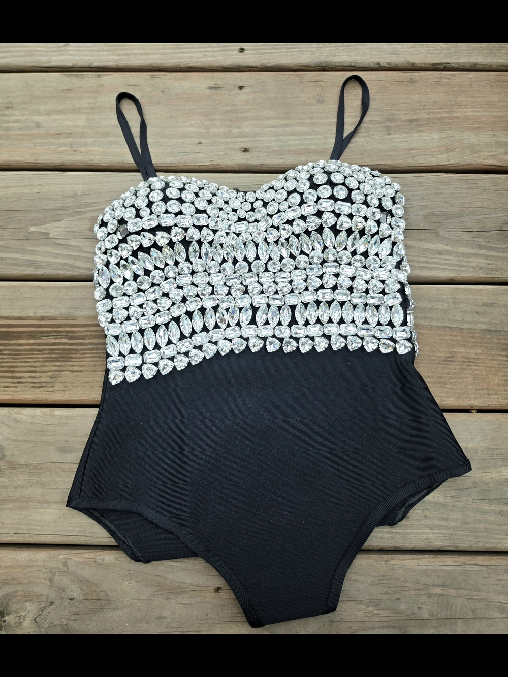 AKIRA Black One-Piece Bodysuit Rhinestones Diamomd Embellished. Medium - Picture 3 of 6